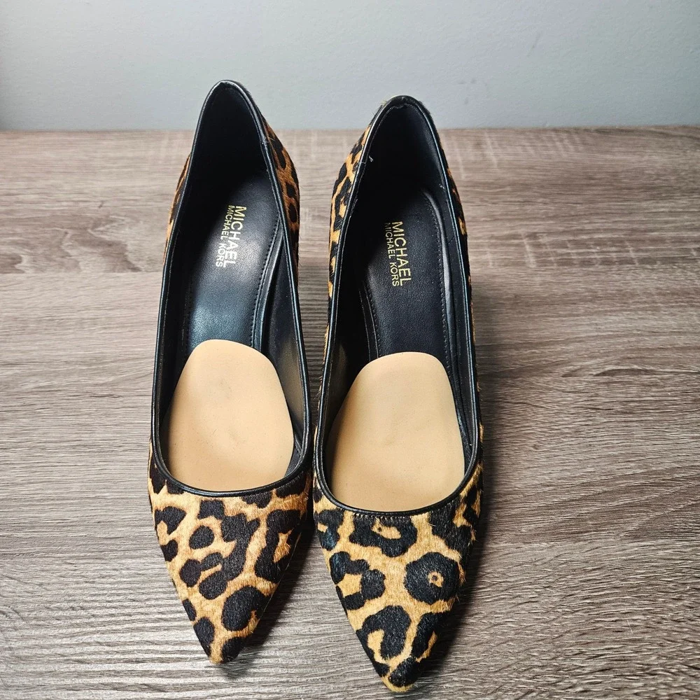 Michael Kors Leopard Hair Calf Pointed Toe Block Heel Pumps PV19E Womens 6M